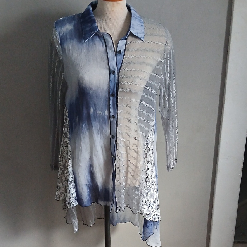 Blue and White Women's Top Duster XL